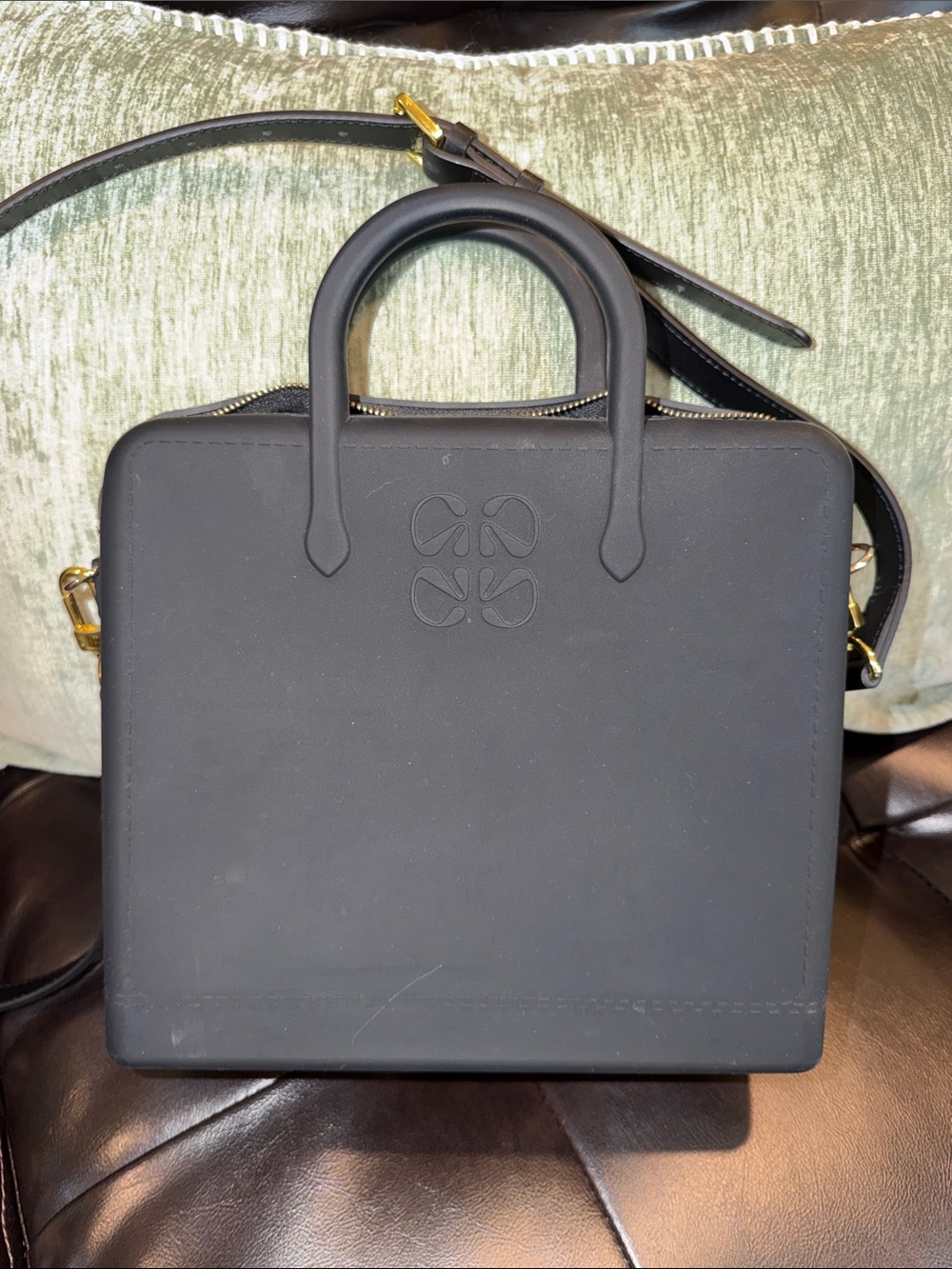 Black Firm Square Silicon Top-Handle Mini Bag with Gold Hardware
